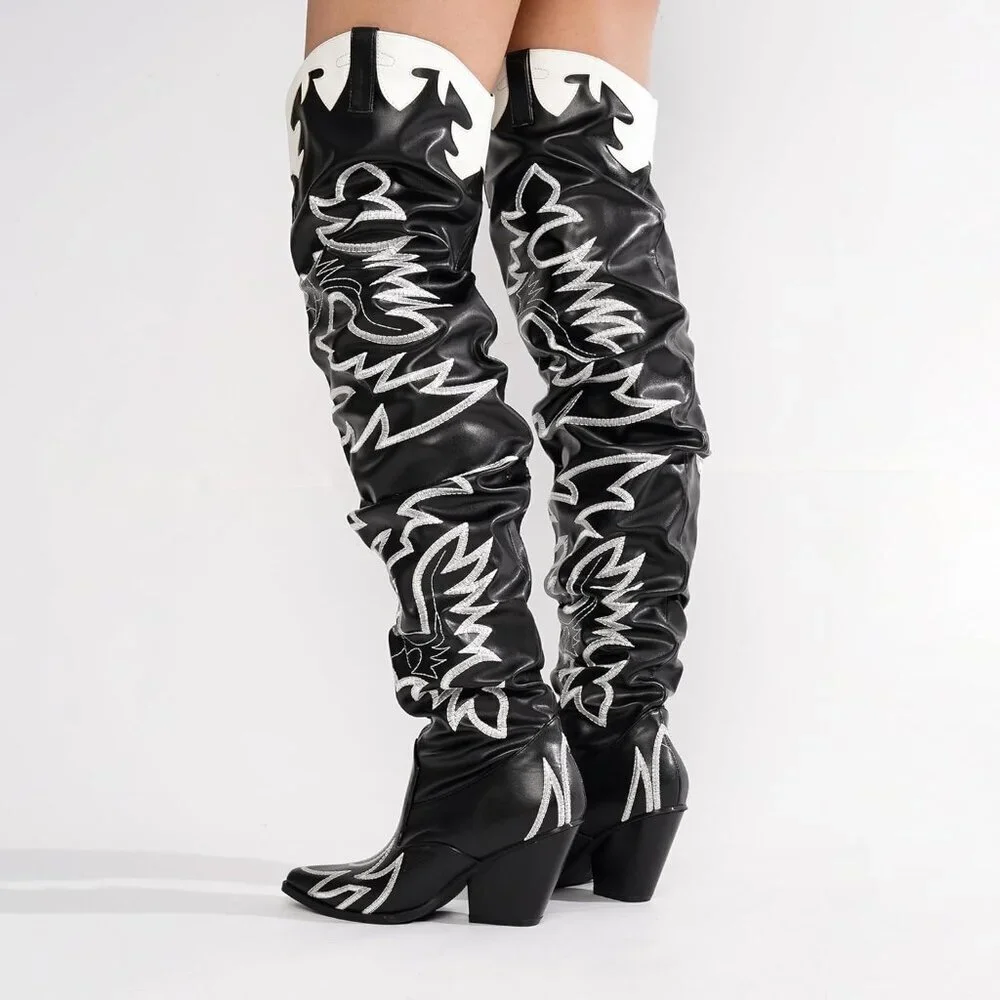 Women Pu Black Faux Leather Over The Knee Cowgirl Chunky Block Heel Fashion Boot